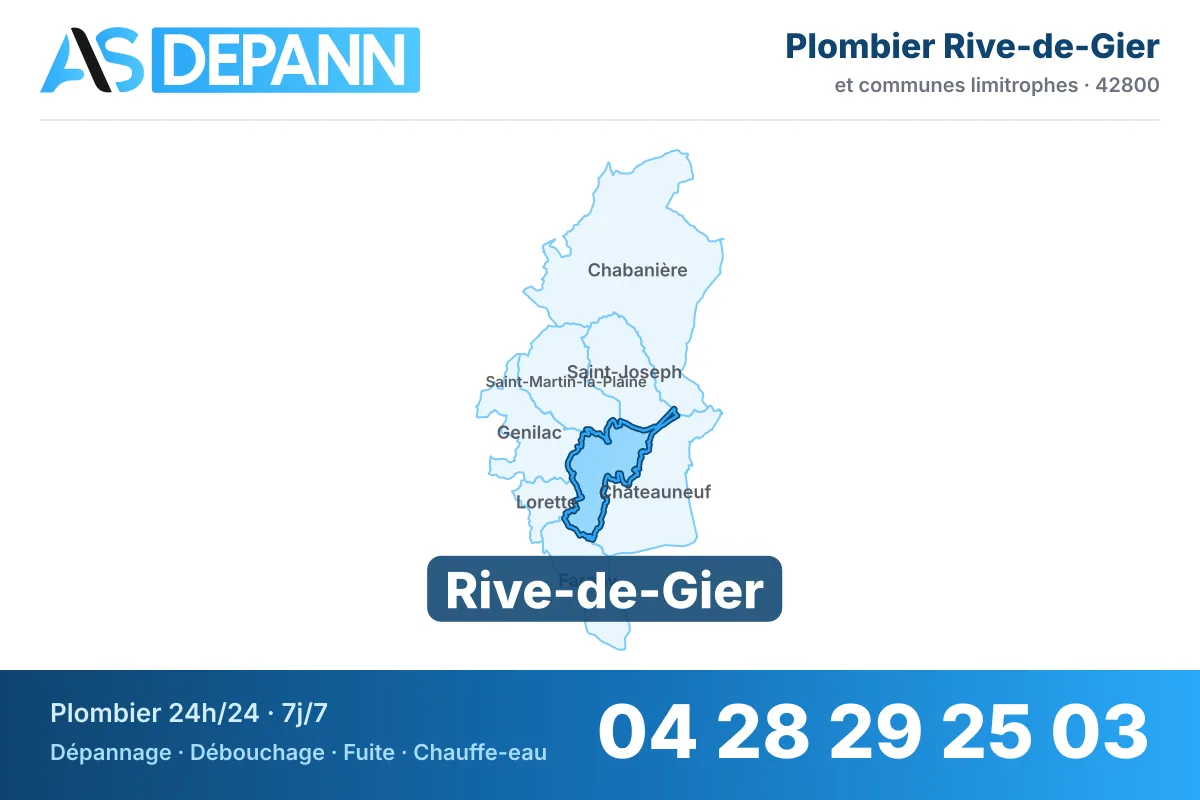 Plombier à Rive-de-Gier : carte de la commune (42800) et de ses voisines dans le secteur d'intervention de AS Depann