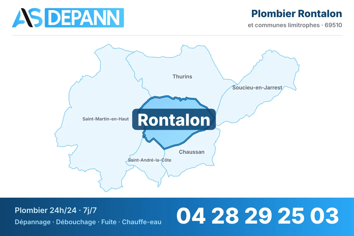 Plombier à Rontalon : carte de la commune (69510) et de ses voisines dans le secteur d'intervention de AS Depann