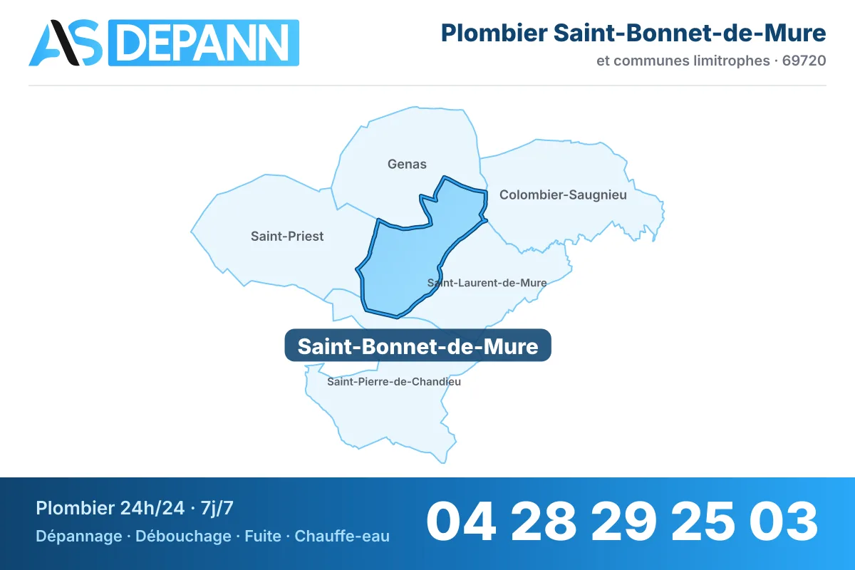 Plombier à Saint-Bonnet-de-Mure : carte de la commune (69720) et de ses voisines dans le secteur d'intervention de AS Depann