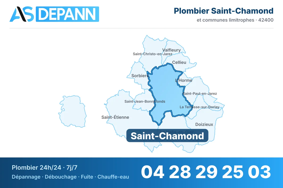 Plombier à Saint-Chamond : carte de la commune (42400) et de ses voisines dans le secteur d'intervention de AS Depann
