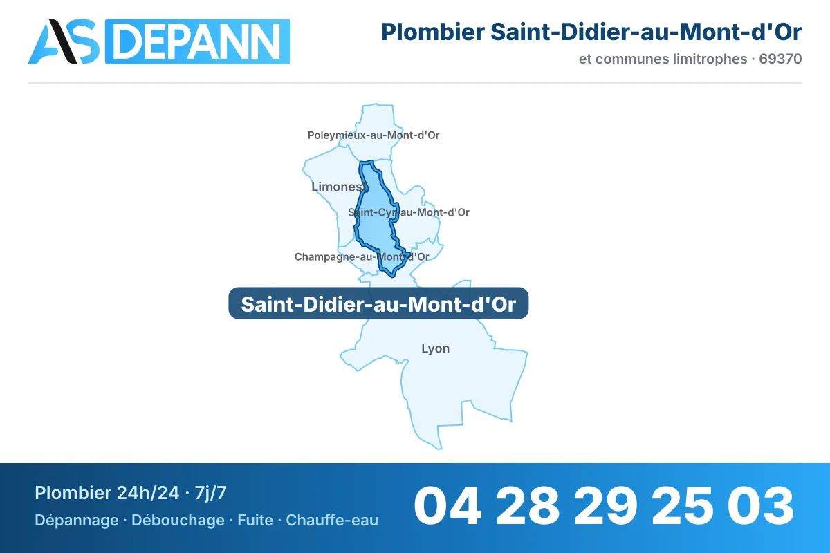 Plombier à Saint-Didier-au-Mont-d'Or : carte de la commune (69370) et de ses voisines dans le secteur d'intervention de AS Depann