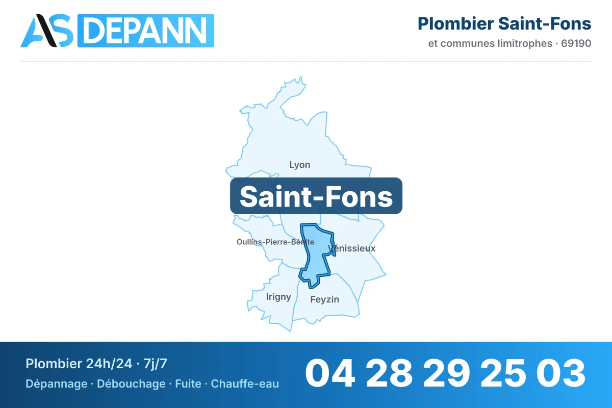 Plombier à Saint-Fons : carte de la commune (69190) et de ses voisines dans le secteur d'intervention de AS Depann