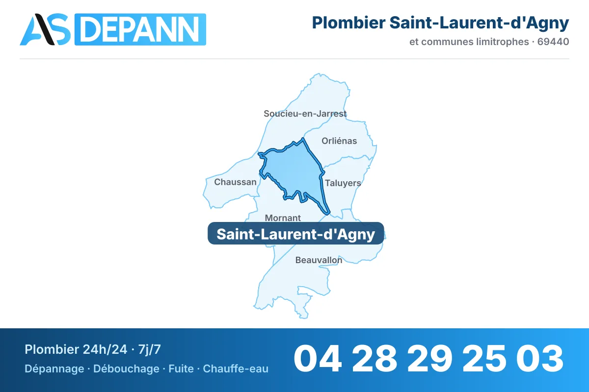 Plombier à Saint-Laurent-d'Agny : carte de la commune (69440) et de ses voisines dans le secteur d'intervention de AS Depann