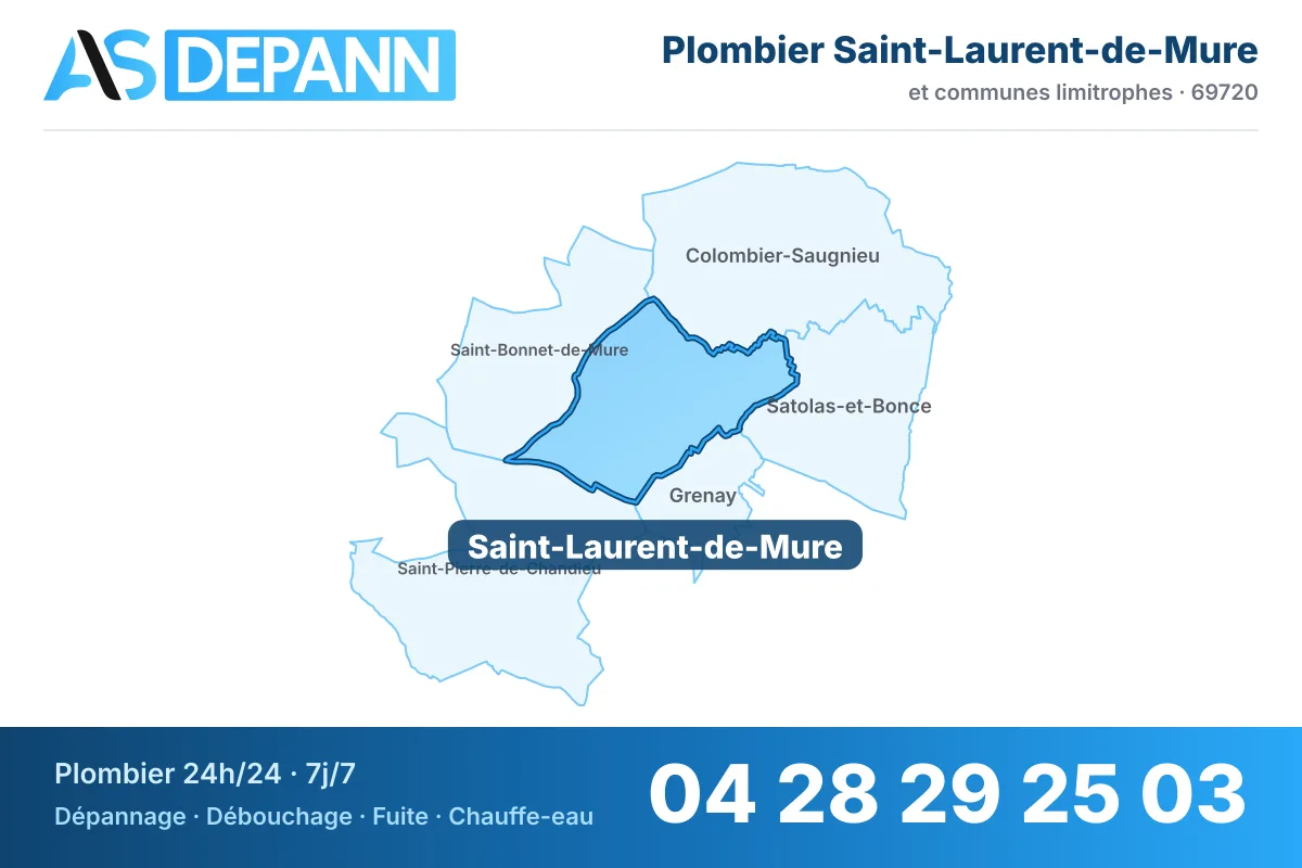 Plombier à Saint-Laurent-de-Mure : carte de la commune (69720) et de ses voisines dans le secteur d'intervention de AS Depann