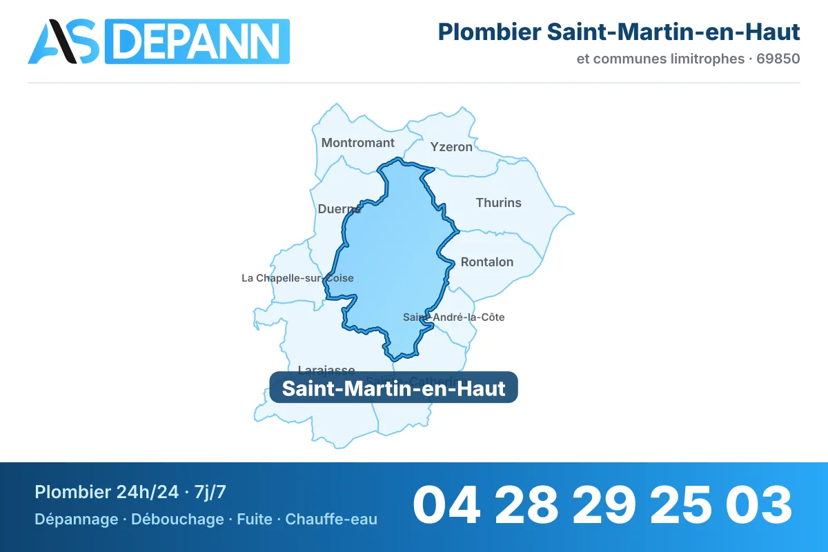 Plombier à Saint-Martin-en-Haut : carte de la commune (69850) et de ses voisines dans le secteur d'intervention de AS Depann