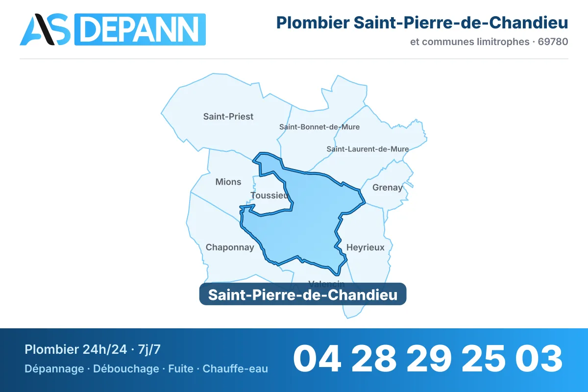 Plombier à Saint-Pierre-de-Chandieu : carte de la commune (69780) et de ses voisines dans le secteur d'intervention de AS Depann