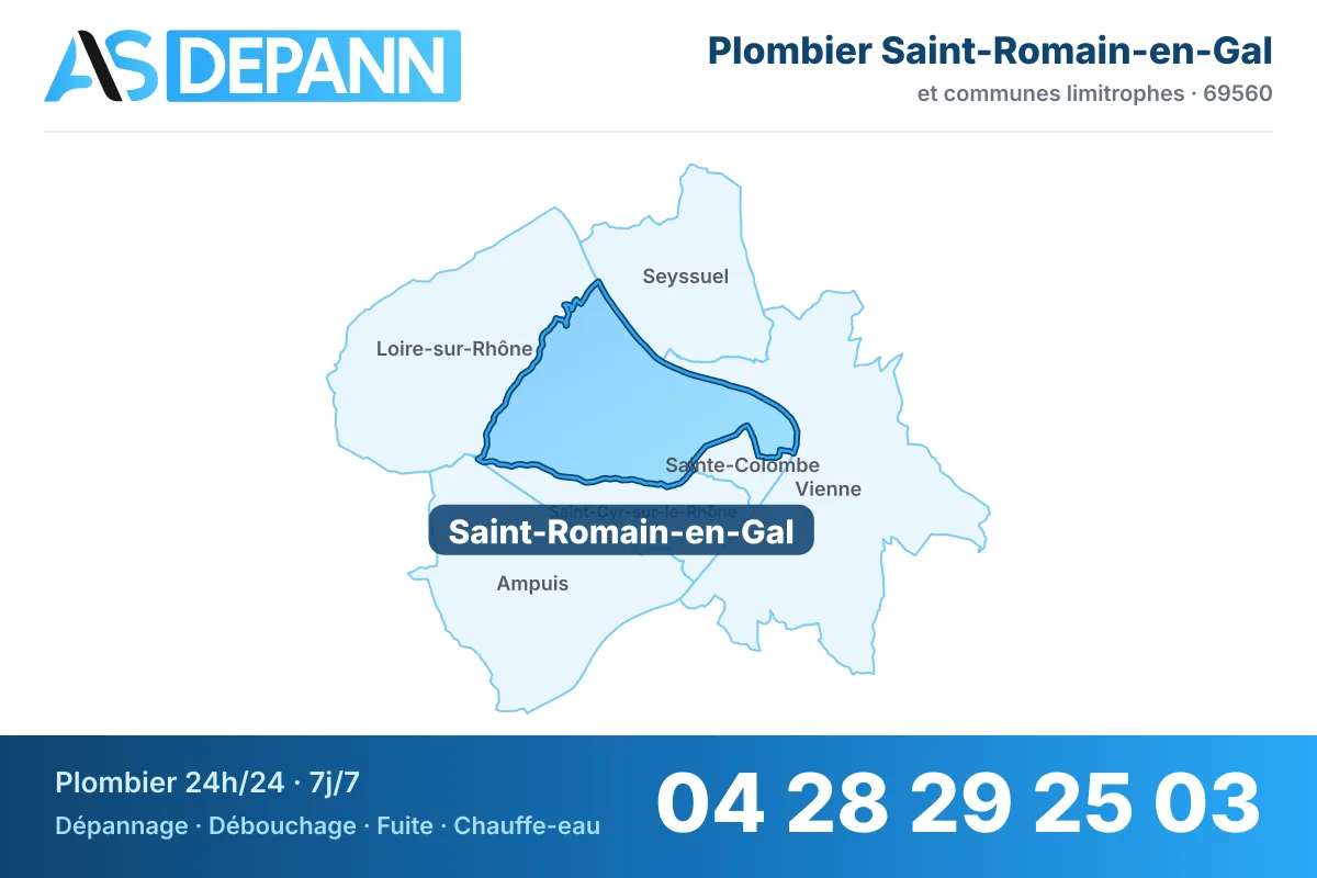 Plombier à Saint-Romain-en-Gal : carte de la commune (69560) et de ses voisines dans le secteur d'intervention de AS Depann