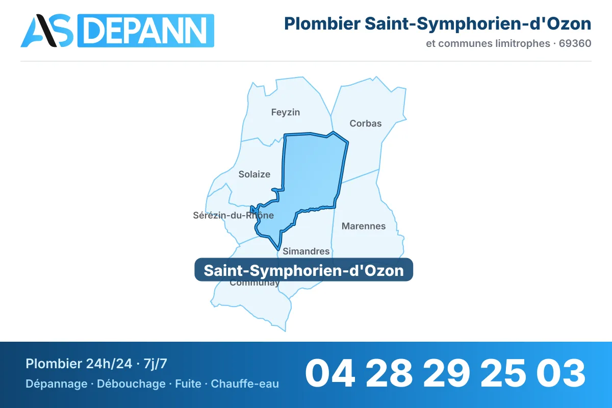Plombier à Saint-Symphorien-d'Ozon : carte de la commune (69360) et de ses voisines dans le secteur d'intervention de AS Depann