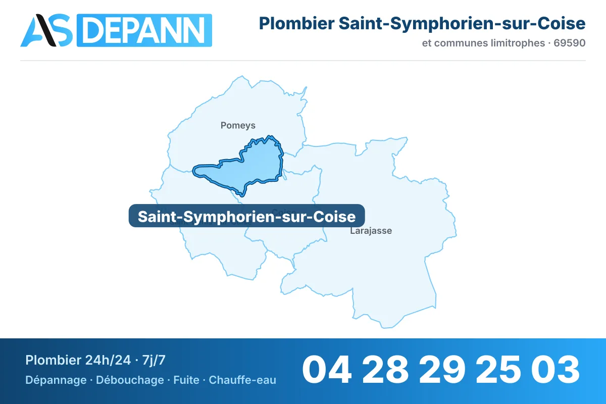 Plombier à Saint-Symphorien-sur-Coise : carte de la commune (69590) et de ses voisines dans le secteur d'intervention de AS Depann