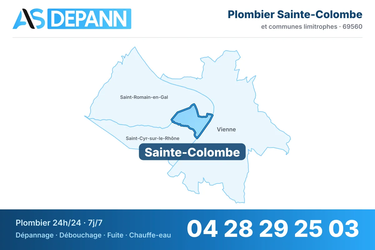 Plombier à Sainte-Colombe : carte de la commune (69560) et de ses voisines dans le secteur d'intervention de AS Depann