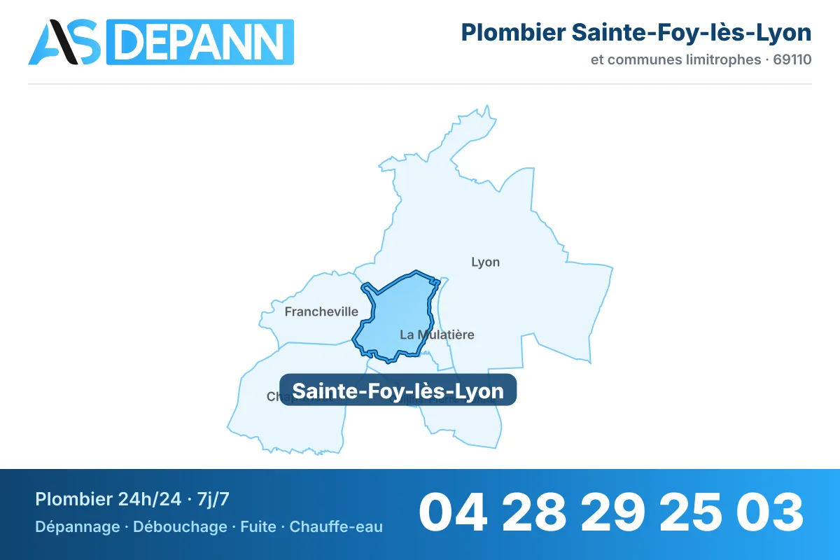 Plombier à Sainte-Foy-lès-Lyon : carte de la commune (69110) et de ses voisines dans le secteur d'intervention de AS Depann