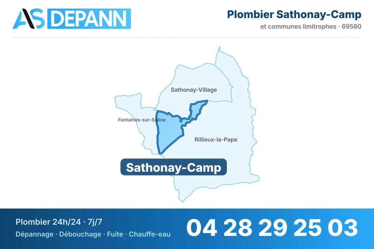 Plombier à Sathonay-Camp : carte de la commune (69580) et de ses voisines dans le secteur d'intervention de AS Depann