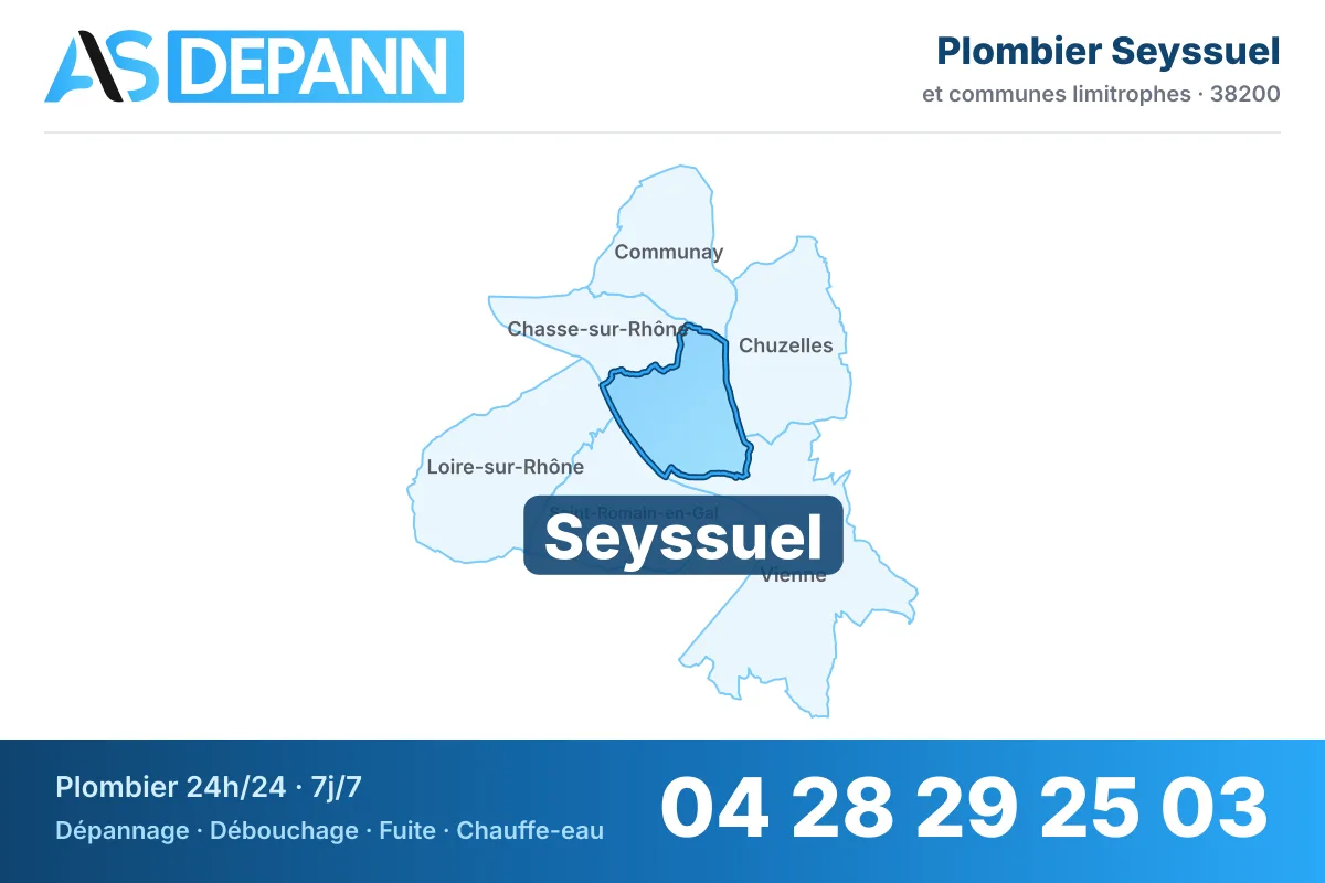 Plombier à Seyssuel : carte de la commune (38200) et de ses voisines dans le secteur d'intervention de AS Depann