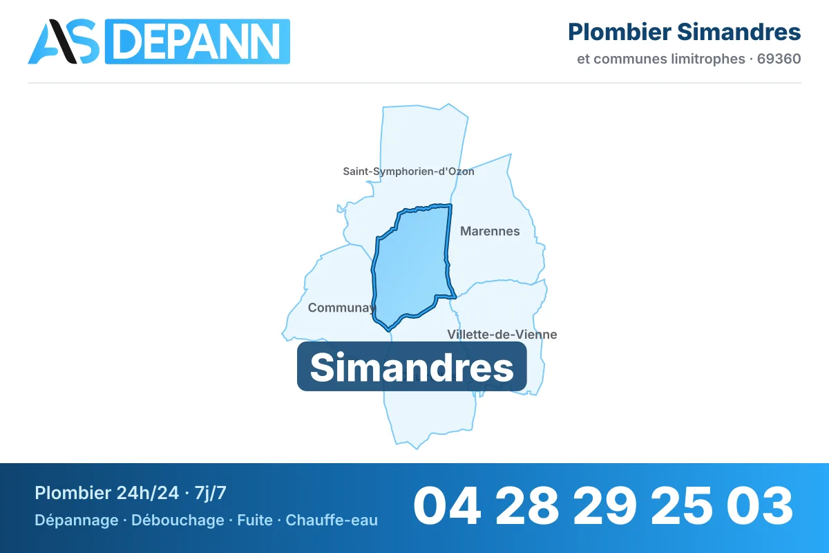 Plombier à Simandres : carte de la commune (69360) et de ses voisines dans le secteur d'intervention de AS Depann