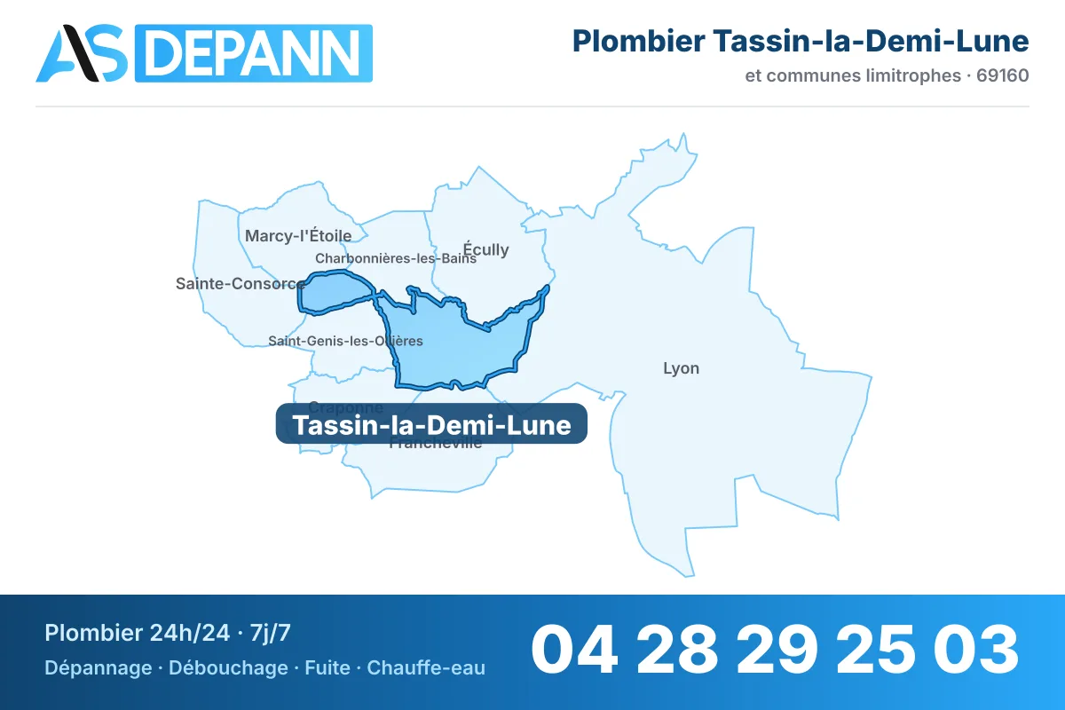 Plombier à Tassin-la-Demi-Lune : carte de la commune (69160) et de ses voisines dans le secteur d'intervention de AS Depann