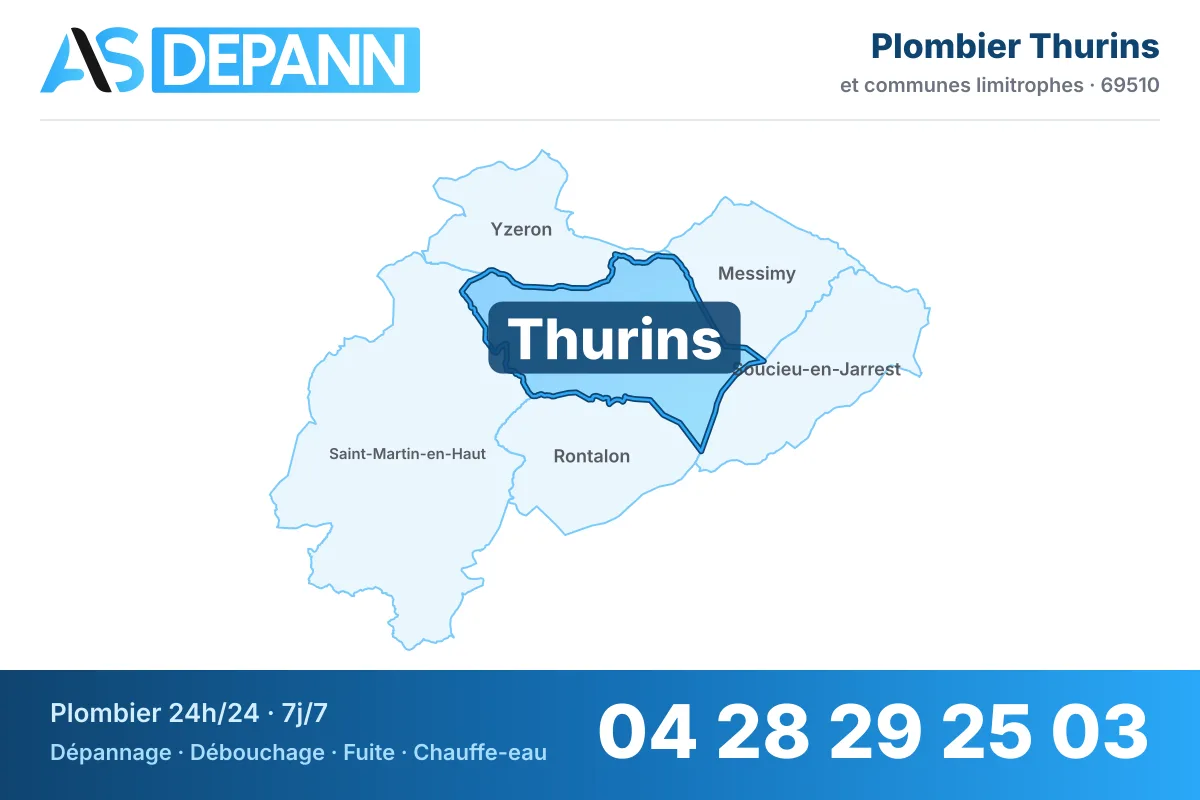 Plombier à Thurins : carte de la commune (69510) et de ses voisines dans le secteur d'intervention de AS Depann