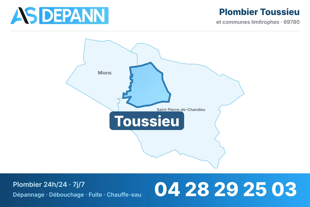 Plombier à Toussieu : carte de la commune (69780) et de ses voisines dans le secteur d'intervention de AS Depann