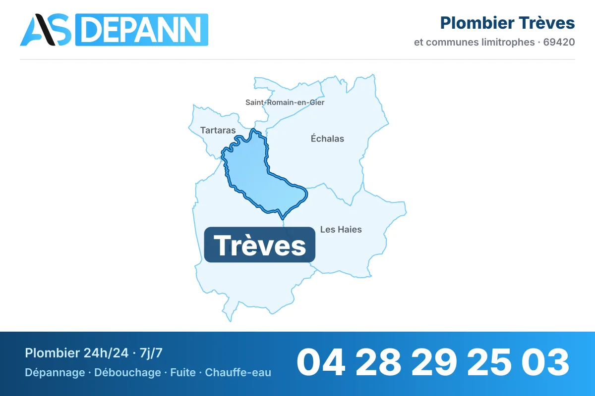 Plombier à Trèves : carte de la commune (69420) et de ses voisines dans le secteur d'intervention de AS Depann