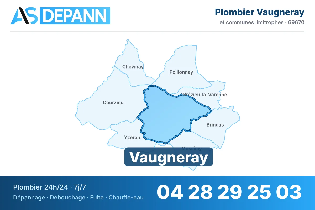 Plombier à Vaugneray : carte de la commune (69670) et de ses voisines dans le secteur d'intervention de AS Depann