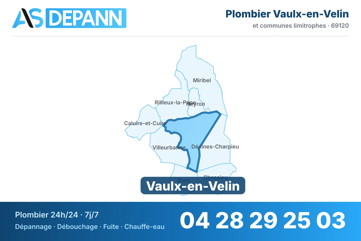 Plombier à Vaulx-en-Velin : carte de la commune (69120) et de ses voisines dans le secteur d'intervention de AS Depann