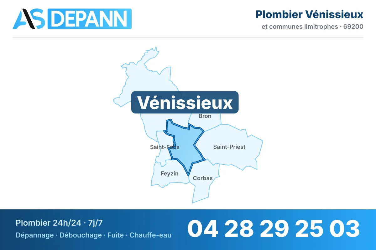 Plombier à Vénissieux : carte de la commune (69200) et de ses voisines dans le secteur d'intervention de AS Depann