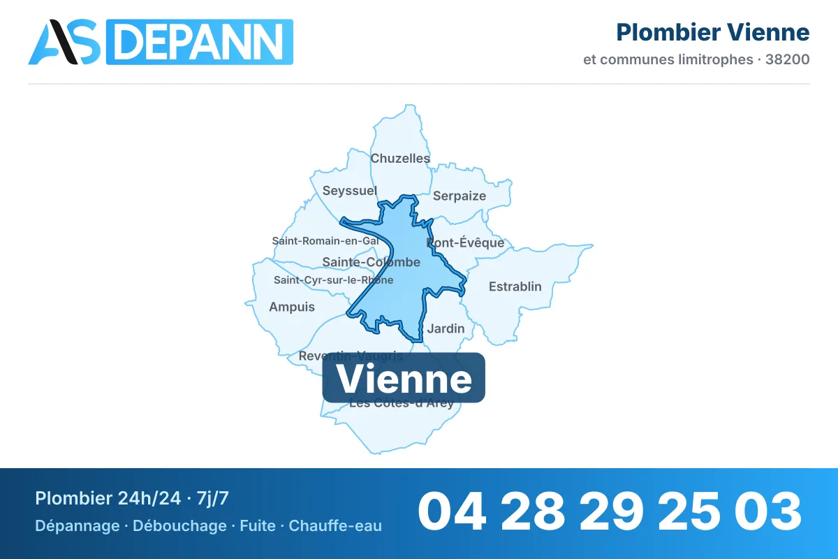 Plombier à Vienne : carte de la commune (38200) et de ses voisines dans le secteur d'intervention de AS Depann