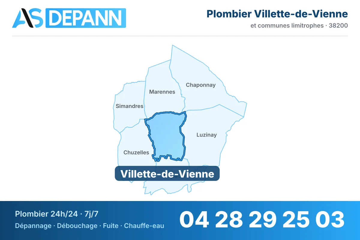 Plombier à Villette-de-Vienne : carte de la commune (38200) et de ses voisines dans le secteur d'intervention de AS Depann