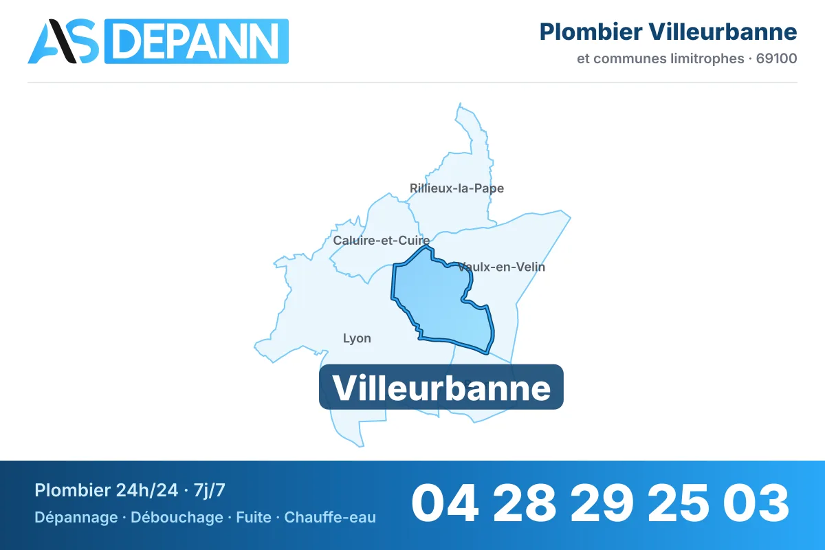 Plombier à Villeurbanne : carte de la commune (69100) et de ses voisines dans le secteur d'intervention de AS Depann