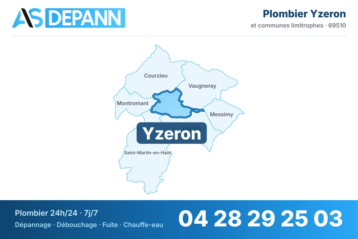 Plombier à Yzeron : carte de la commune (69510) et de ses voisines dans le secteur d'intervention de AS Depann