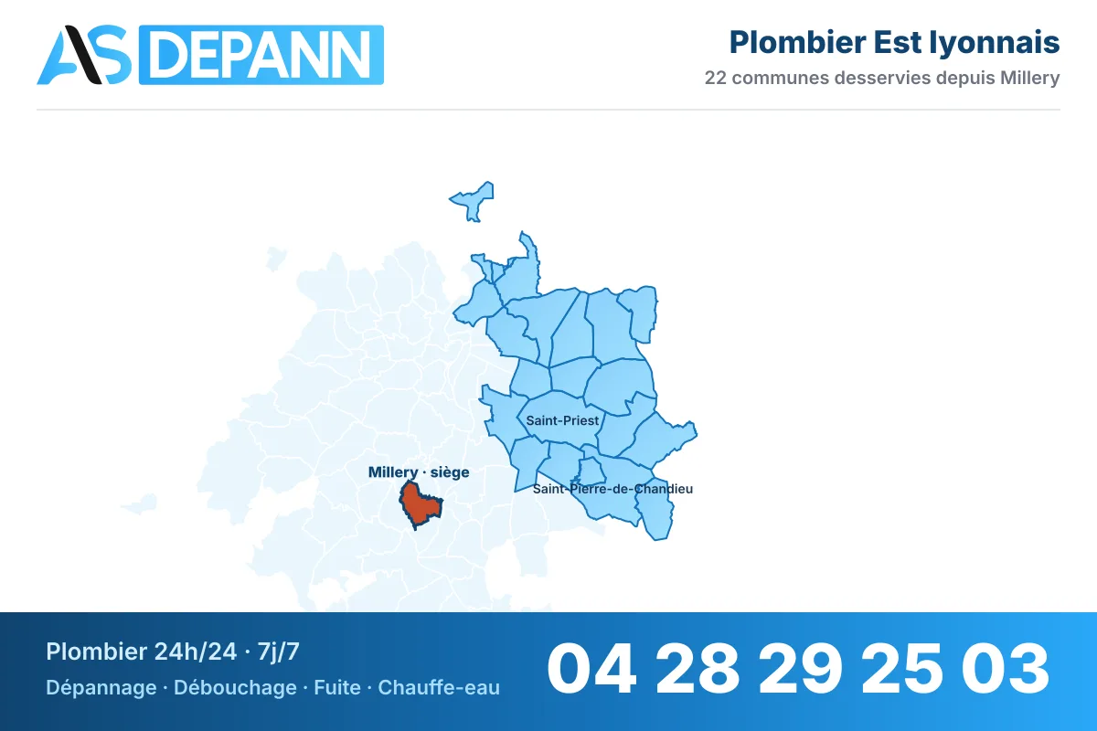 Carte du secteur Est lyonnais : communes desservies par AS Depann depuis Millery, plombier 24h/24 – 04 28 29 25 03
