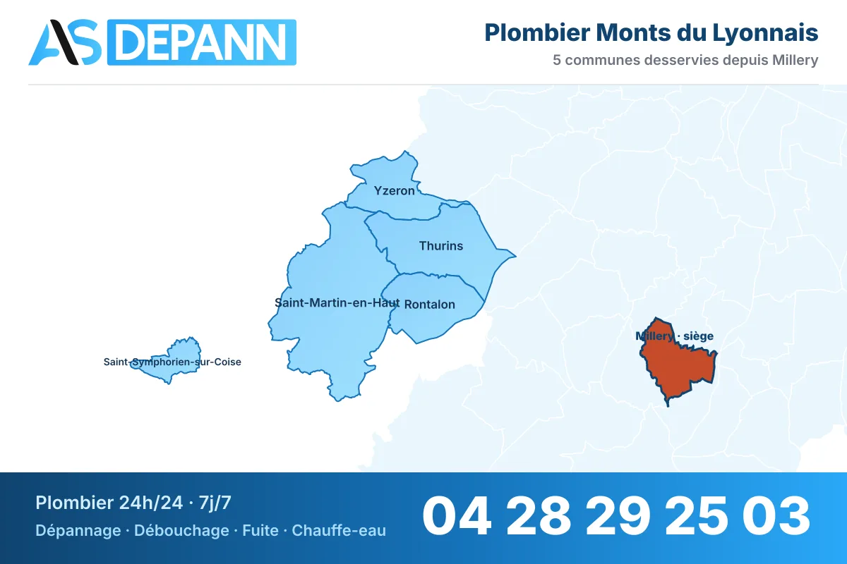 Carte du secteur Monts du Lyonnais : communes desservies par AS Depann depuis Millery, plombier 24h/24 – 04 28 29 25 03