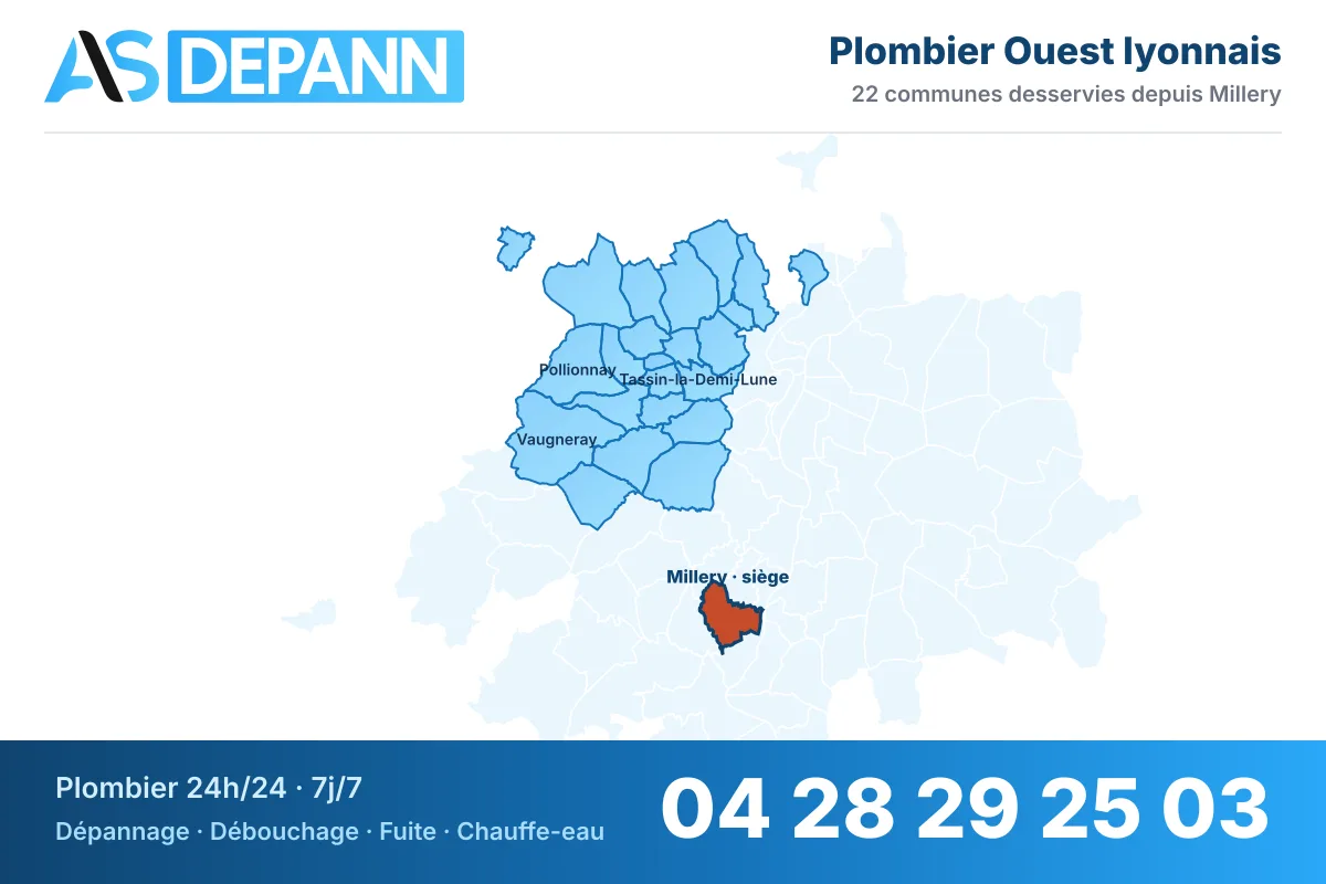 Carte du secteur Ouest lyonnais : communes desservies par AS Depann depuis Millery, plombier 24h/24 – 04 28 29 25 03