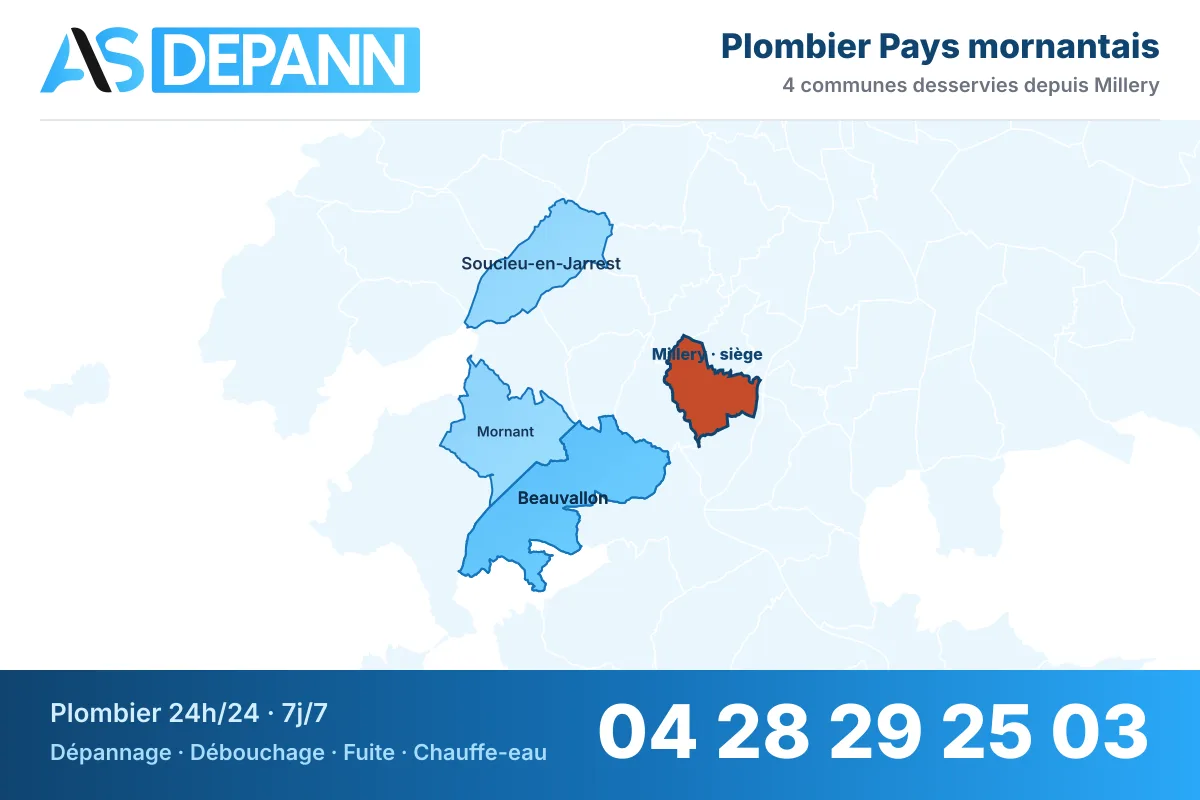 Carte du secteur Pays mornantais : communes desservies par AS Depann depuis Millery, plombier 24h/24 – 04 28 29 25 03