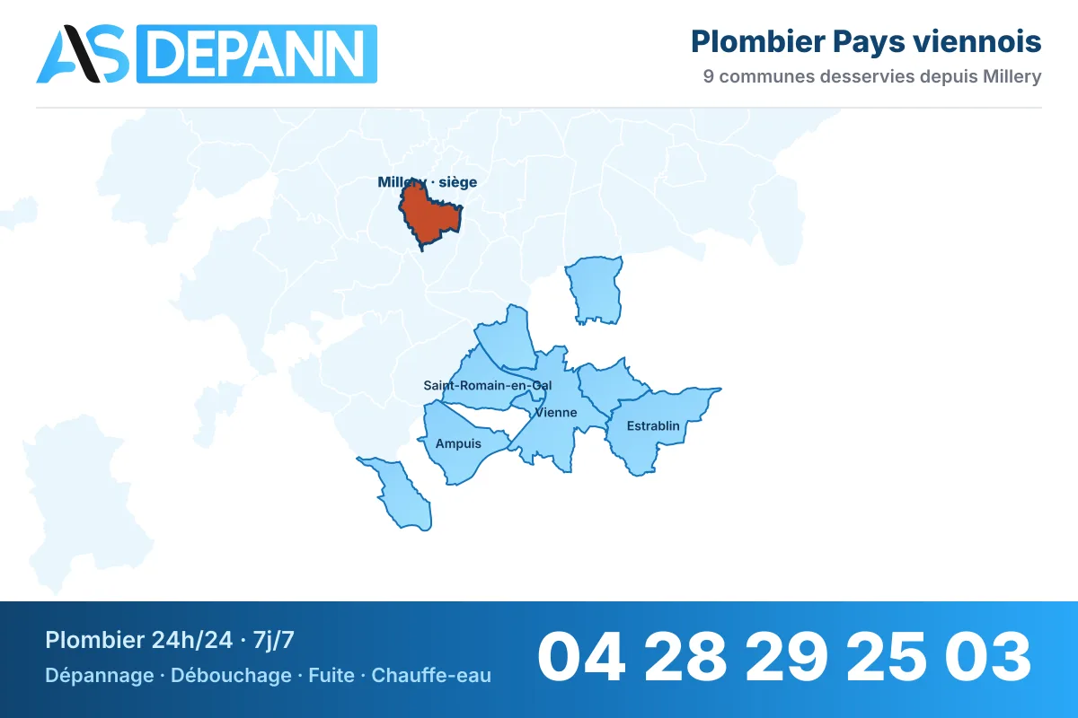 Carte du secteur Pays viennois : communes desservies par AS Depann depuis Millery, plombier 24h/24 – 04 28 29 25 03