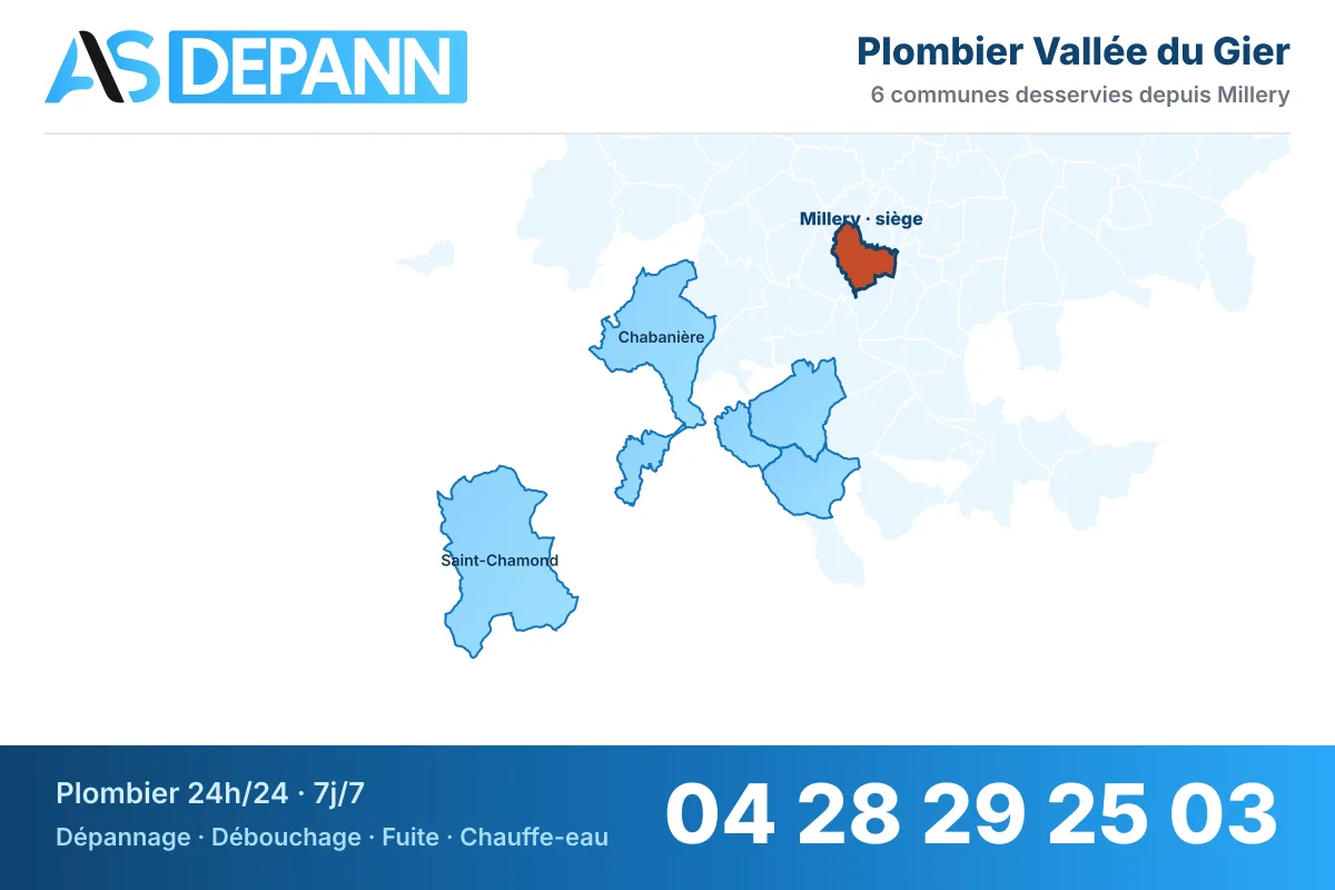 Carte du secteur Vallée du Gier : communes desservies par AS Depann depuis Millery, plombier 24h/24 – 04 28 29 25 03