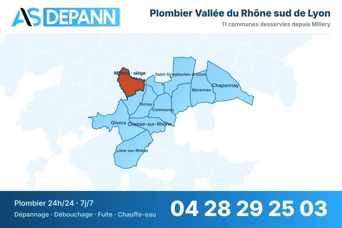 Carte du secteur Vallée du Rhône sud de Lyon : communes desservies par AS Depann depuis Millery, plombier 24h/24 – 04 28 29 25 03