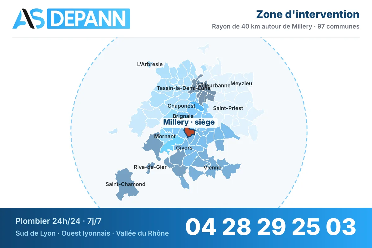 Carte de la zone d'intervention de AS Depann : rayon de 40 km autour de Millery, plombier 24h/24 – 04 28 29 25 03