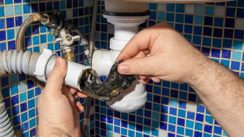 Main du plombier tenant un amas de cheveux et de déchets retiré d'un siphon de lavabo lors d'un débouchage AS Depann