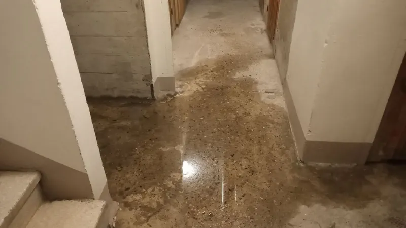 Sol de cave inondé avec eau stagnante et traces d'humidité, dégât des eaux en sous-sol traité par AS Depann