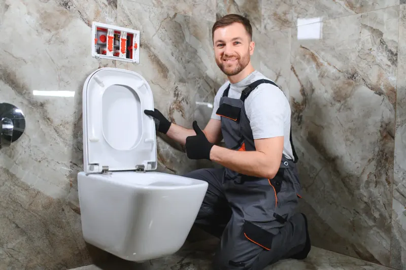 Plombier souriant pouce levé devant un WC suspendu neuf dans une salle de bain en marbre, symbole du dépannage réussi par AS Depann (photo d'illustration)