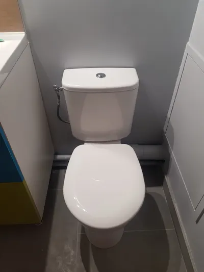WC à poser blanc installé dans des toilettes carrelées gris avec porte, remplacement de WC par AS Depann